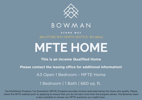 An advertisement for a bowman MFTE home located at 3801 Stone Way North Seattle, WA 98103.